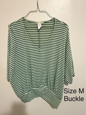 Buckle Green and White Striped V-Neck Batwing Top